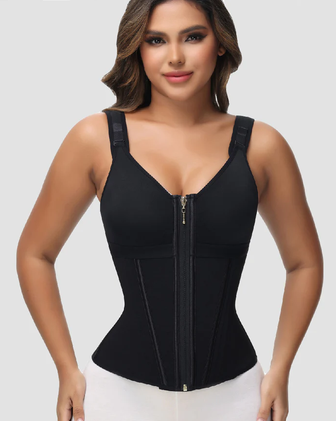 Women's Boned Latex Zipper Corset Tummy Control Body Shaper Vest With Bra