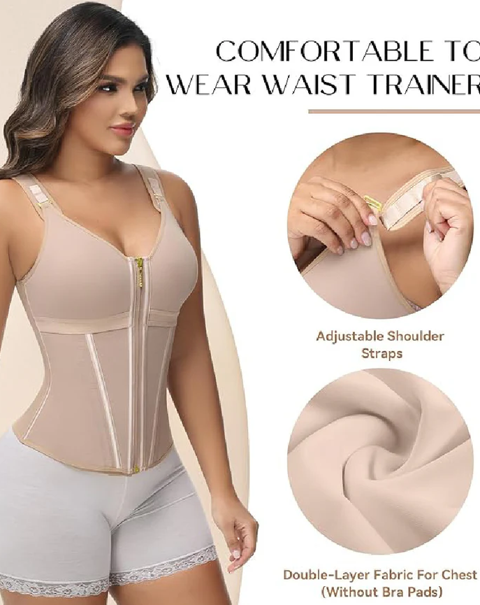 Women's Boned Latex Zipper Corset Tummy Control Body Shaper Vest With Bra