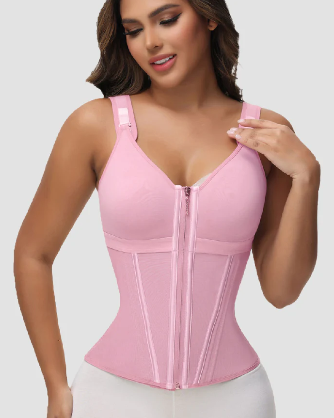 Women's Boned Latex Zipper Corset Tummy Control Body Shaper Vest With Bra